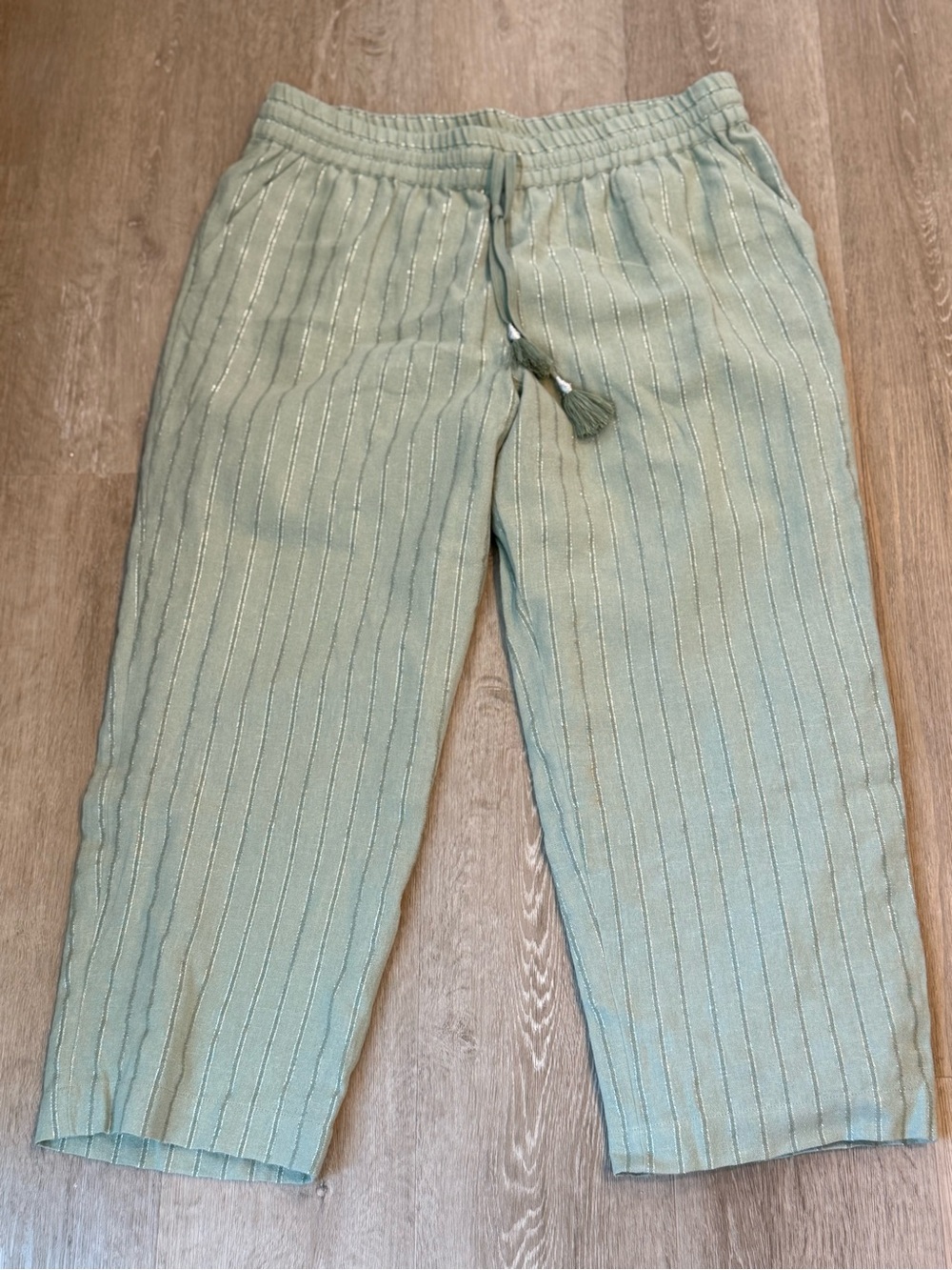 Soft Surroundings Green Metallic Stripe Linen Blend Pants Tassel Bohemian XLP